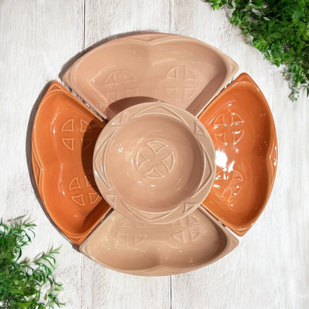 Vintage MCM Maurice of CA Pottery Serving Dish Chip Dip 5 Piece Coral Rose S-14